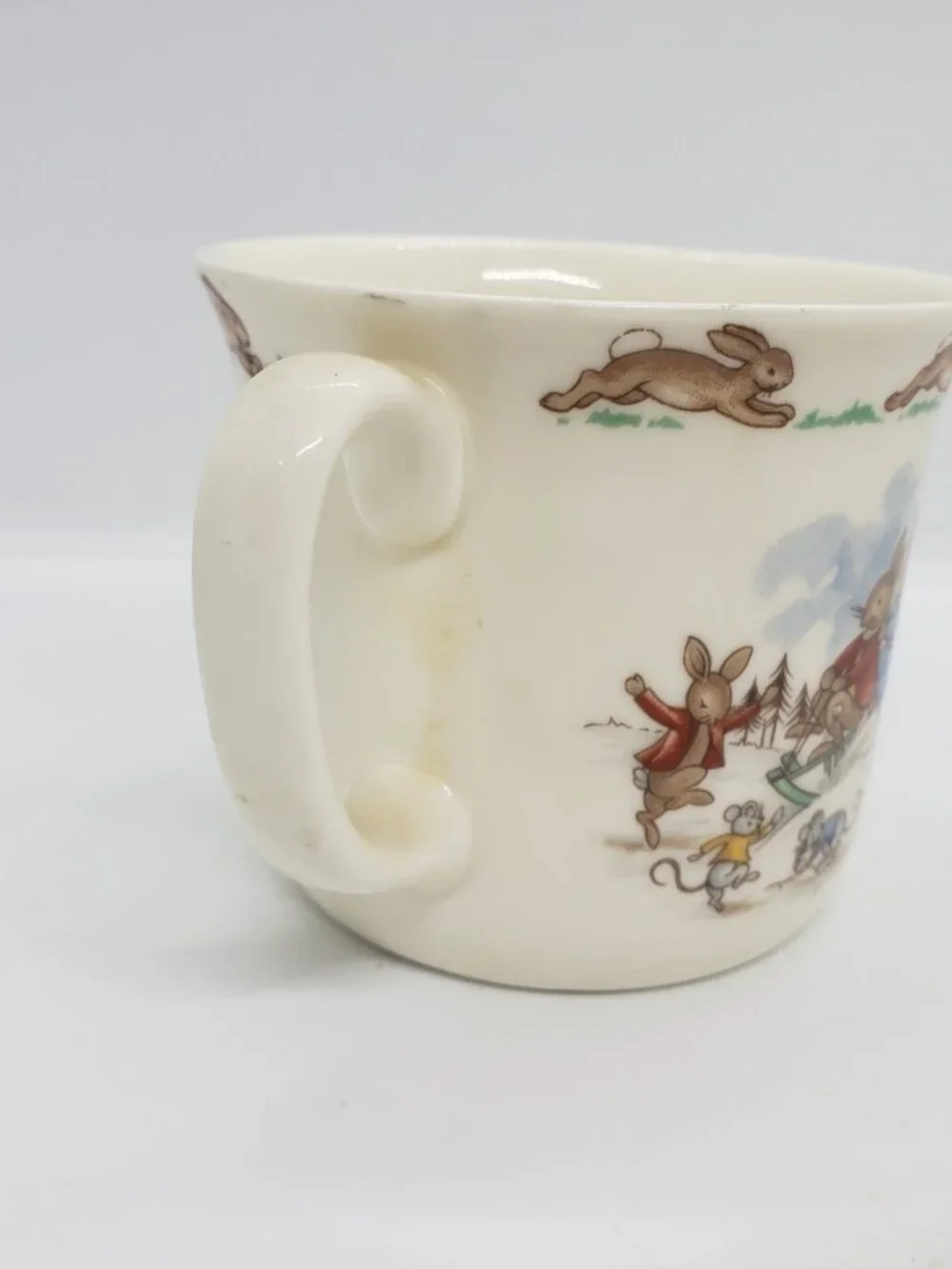 Vintage Royal Doulton Bunnykins 2 Handled Cup 6in Cereal Bowl Set Winter Xmas
